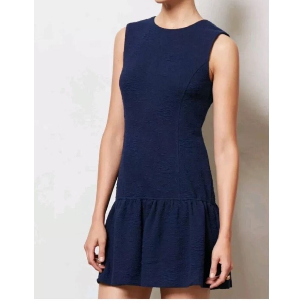 Anthropologie Ganni Jacquared Textured Shift Dress Women's Small Navy Blue